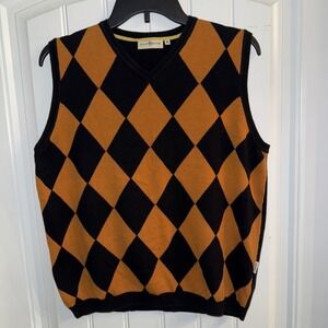 Glenmuir Golf Vest 100% Cotton Diamond Black Orange Pattern Men's Fits Medium